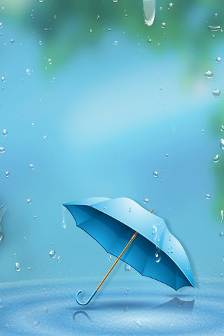 春天下雨蓝色简约雨伞水滴晕染雨水海报背景